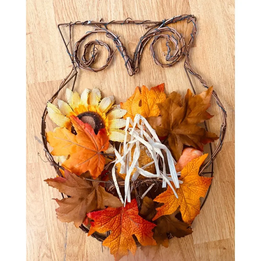 (2) Fall Autumn Harvest decorative owl-shaped wreaths